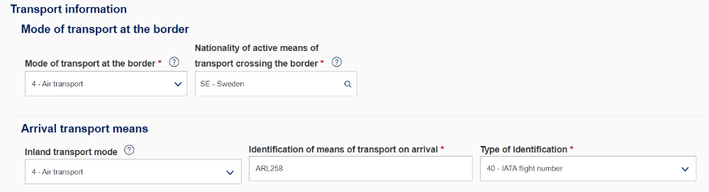 Image of the transport information of declaration header: “Mode of transport at the border”, “Nationality of active means of transport crossing the border” and “Arrival transport means”. Under “Arrival transport means”, there are the following details: Inland transport mode and, depending on the mode of transport, possibly Identification of means of transport on arrival and Type of identification.