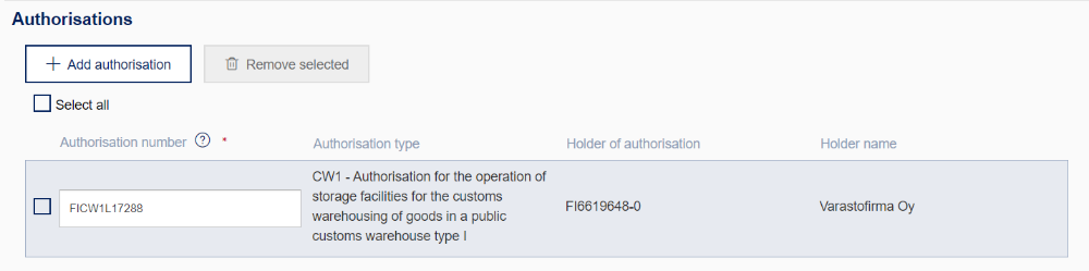 Image of the authorisation details retrieved by the system.