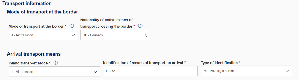 Image of the transport information of declaration header: “Mode of transport at the border”, “Nationality of active means of transport crossing the border” and “Arrival transport means”. Under “Arrival transport means”, there are the following details: Inland transport mode and, depending on the mode of transport, possibly Identification of means of transport on arrival and Type of identification