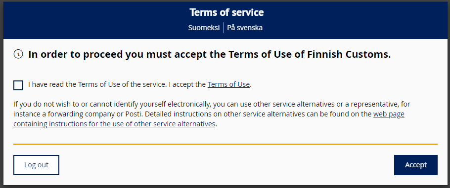 Picture of the selection of the terms of use, where you accept that you have read the terms of use of the service and agree that the Customs can in the future send you documents that require standard and evidential service electronically. In the picture, there is also a link to the address for alternative transactions.