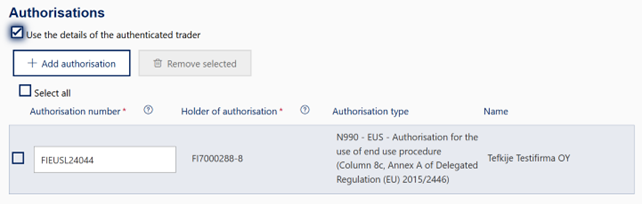 Under ”Authorisations”, “EUS – Authorisation for the use of end use” is provided.