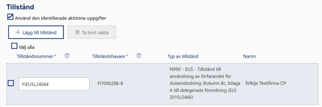 Under ”Tillstånd” anges ”EUS - Tillstånd till användning av förfarandet för slutanvändning”.
