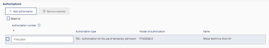 Under ”Authorisations”, “TEA – Authorisation for the use of temporary admission” is provided.