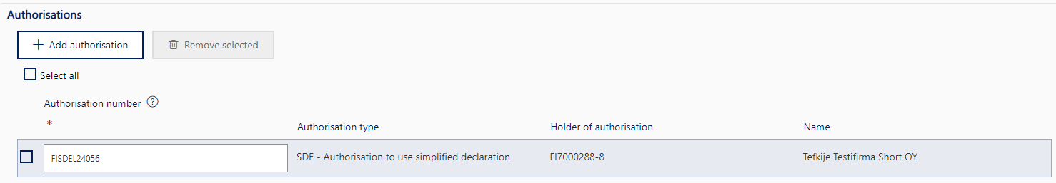 Under ”Authorisations”, “SDE – Authorisation to use simplified declaration” is provided.